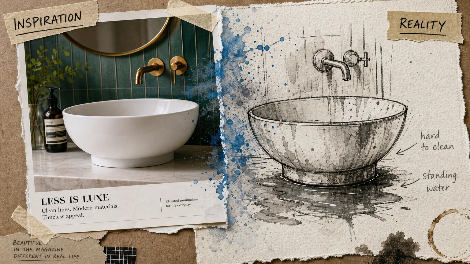 A collage showing a beautiful magazine photo of a sink next to a messy sketch illustrating the cleaning difficulties of that design.