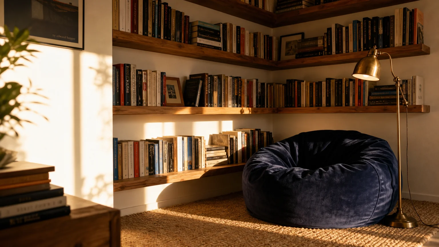 A cozy DIY reading corner with L-shaped floating book shelves and a navy velvet bean bag chair in a sunlit apartment corner.