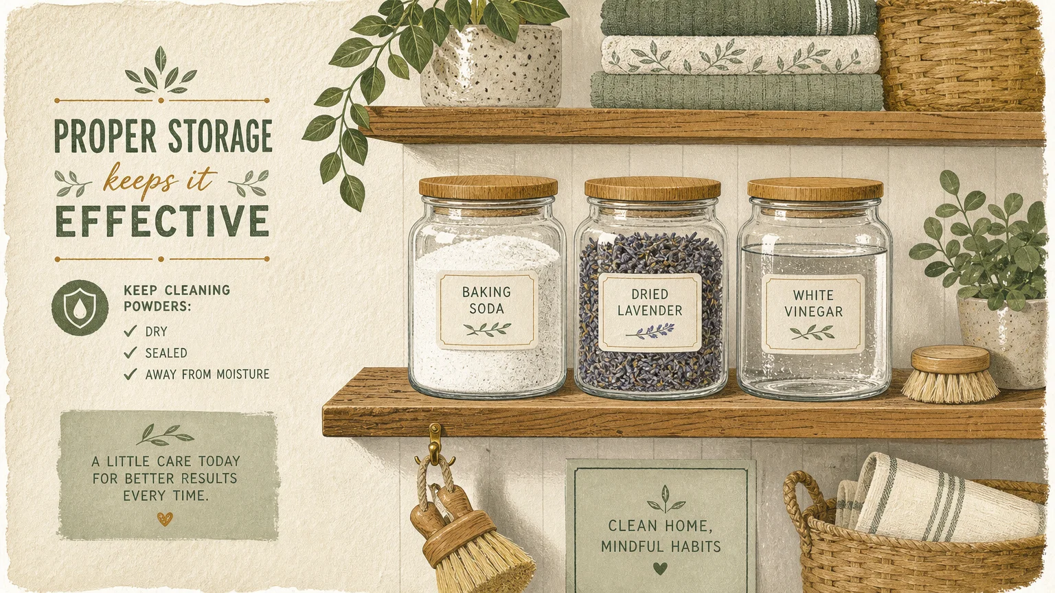 A cozy illustration of glass storage jars with bamboo lids sitting neatly on a laundry room shelf.