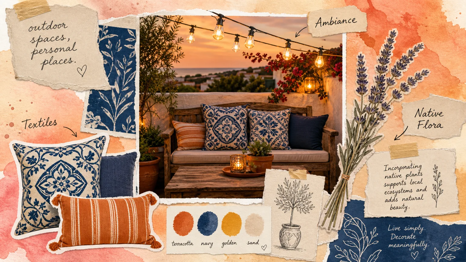 A creative collage of outdoor furniture, colorful cushions, string lights, and lavender sprigs used as a design mood board.