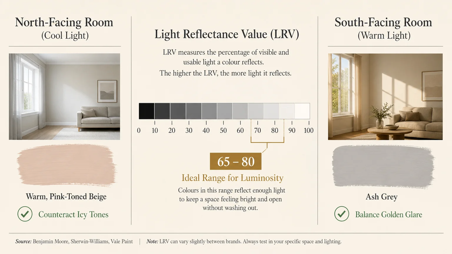 A diagram comparing warm and cool neutrals for different room orientations, including an LRV scale from 65 to 80.
