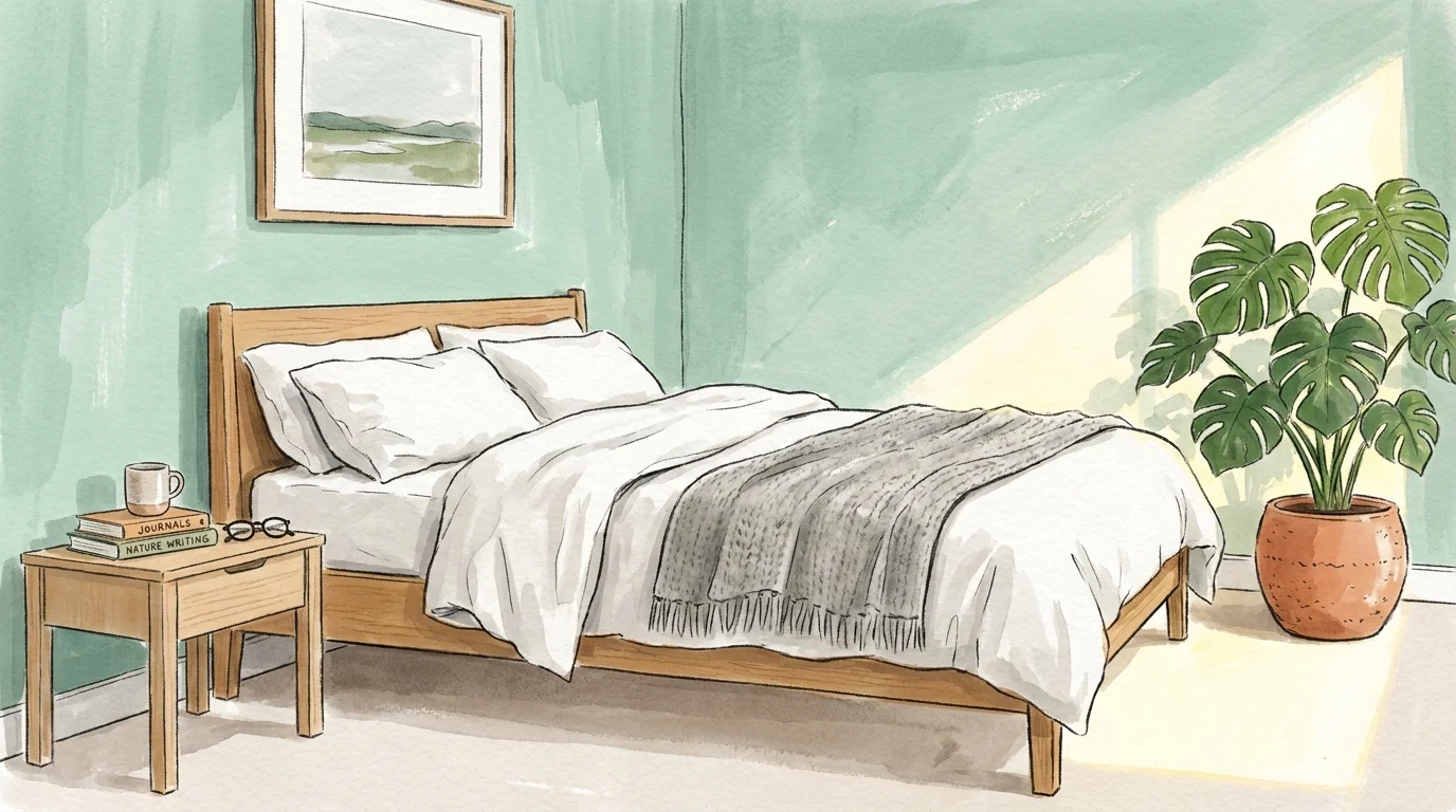 A gouache illustration of a cozy bedroom with seafoam green walls, a wooden bed with white linens, and a leafy green houseplant.