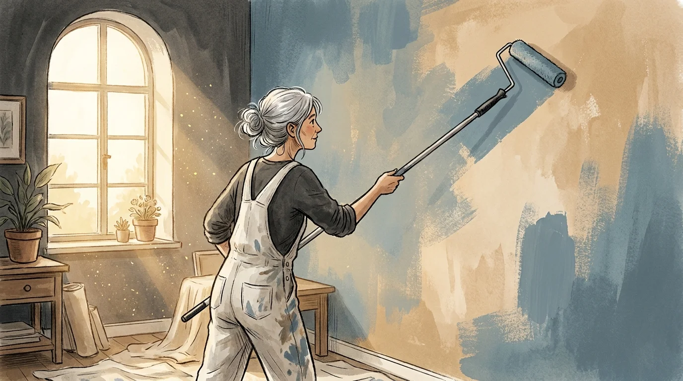 A gouache illustration of an older woman painting a wall a calm dusty blue, with soft sunlight warming the room.