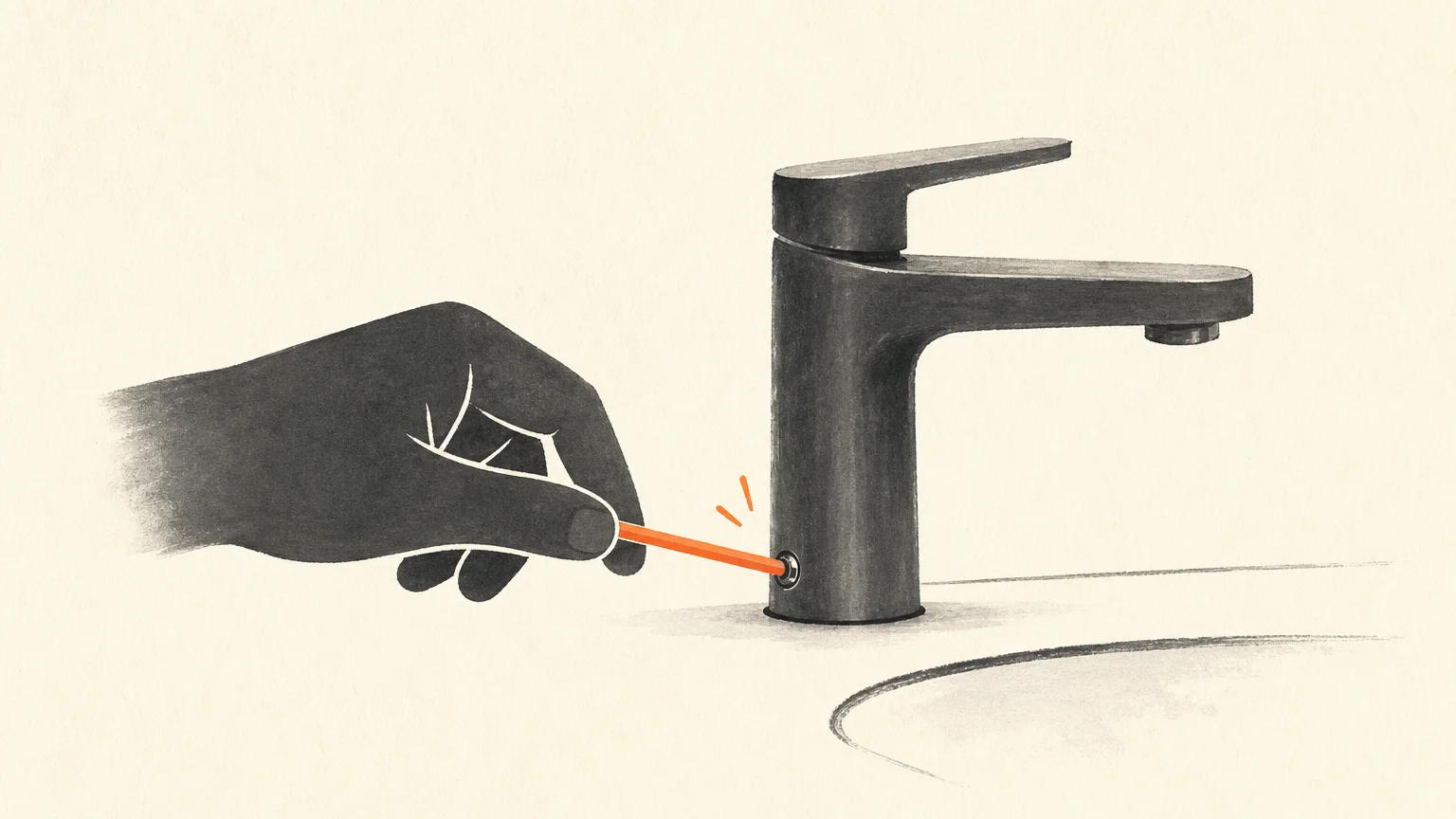 A graphic illustration of a stylized hand using a small wrench to tighten a modern faucet, representing hardware maintenance.
