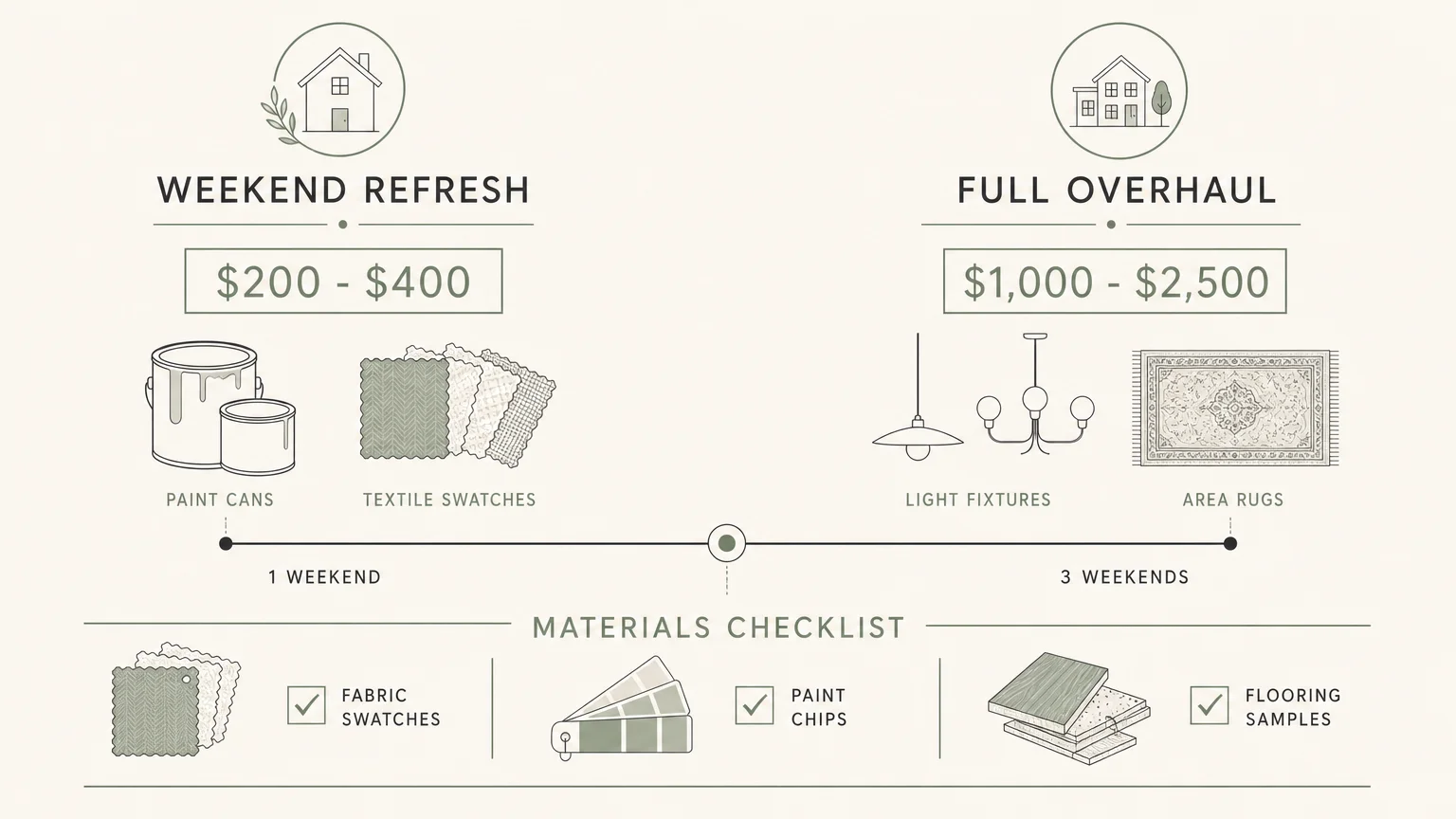 A horizontal infographic showing budget ranges from $200 to $2,500 and timelines from 1 to 3 weekends for living room projects.