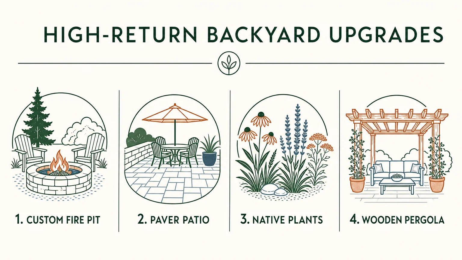 A horizontal infographic showing icons and labels for backyard upgrades including fire pits, patios, and native plants.