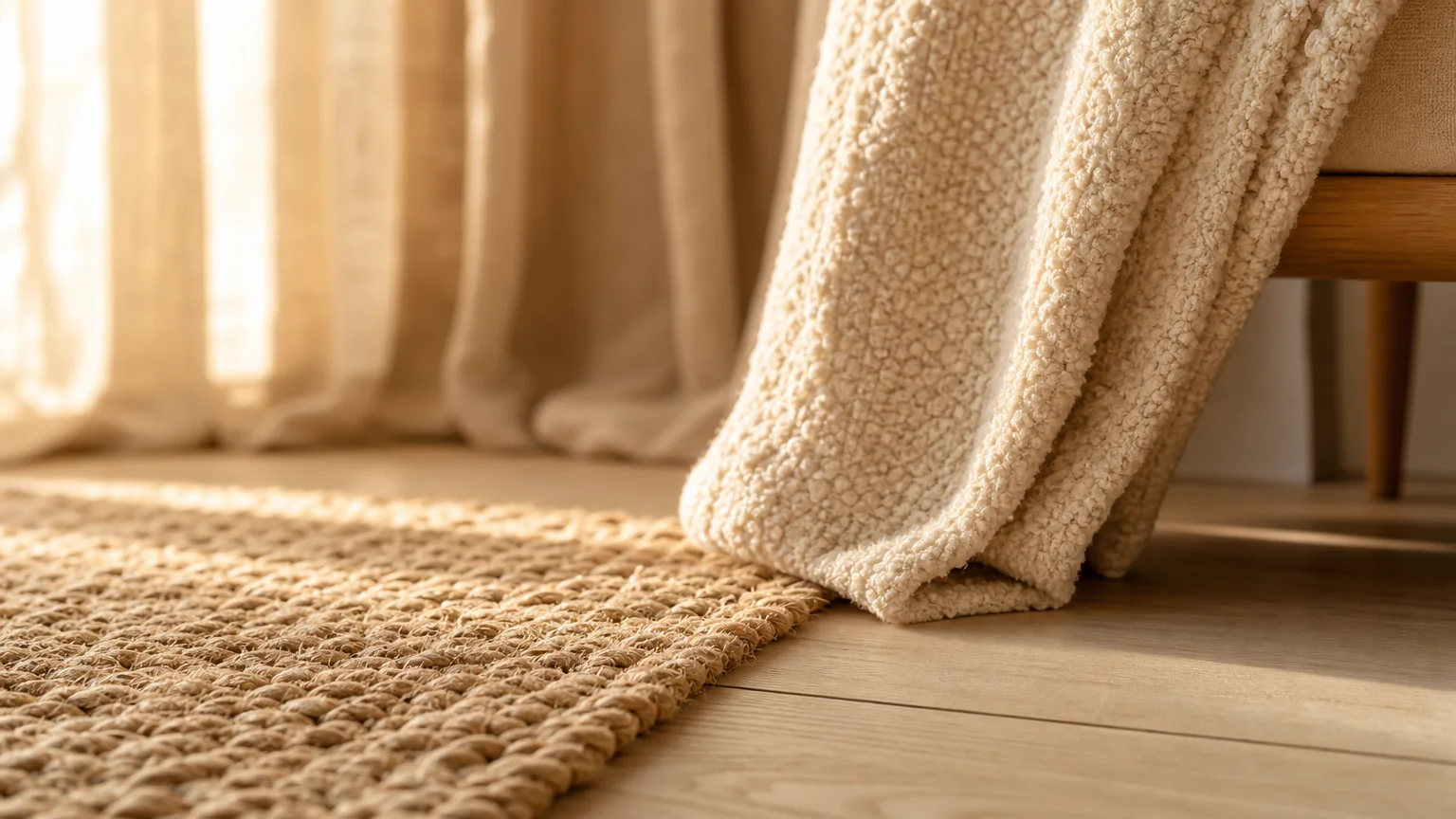 A macro photograph showing the textures of a jute rug, white oak flooring, and boucle fabric.