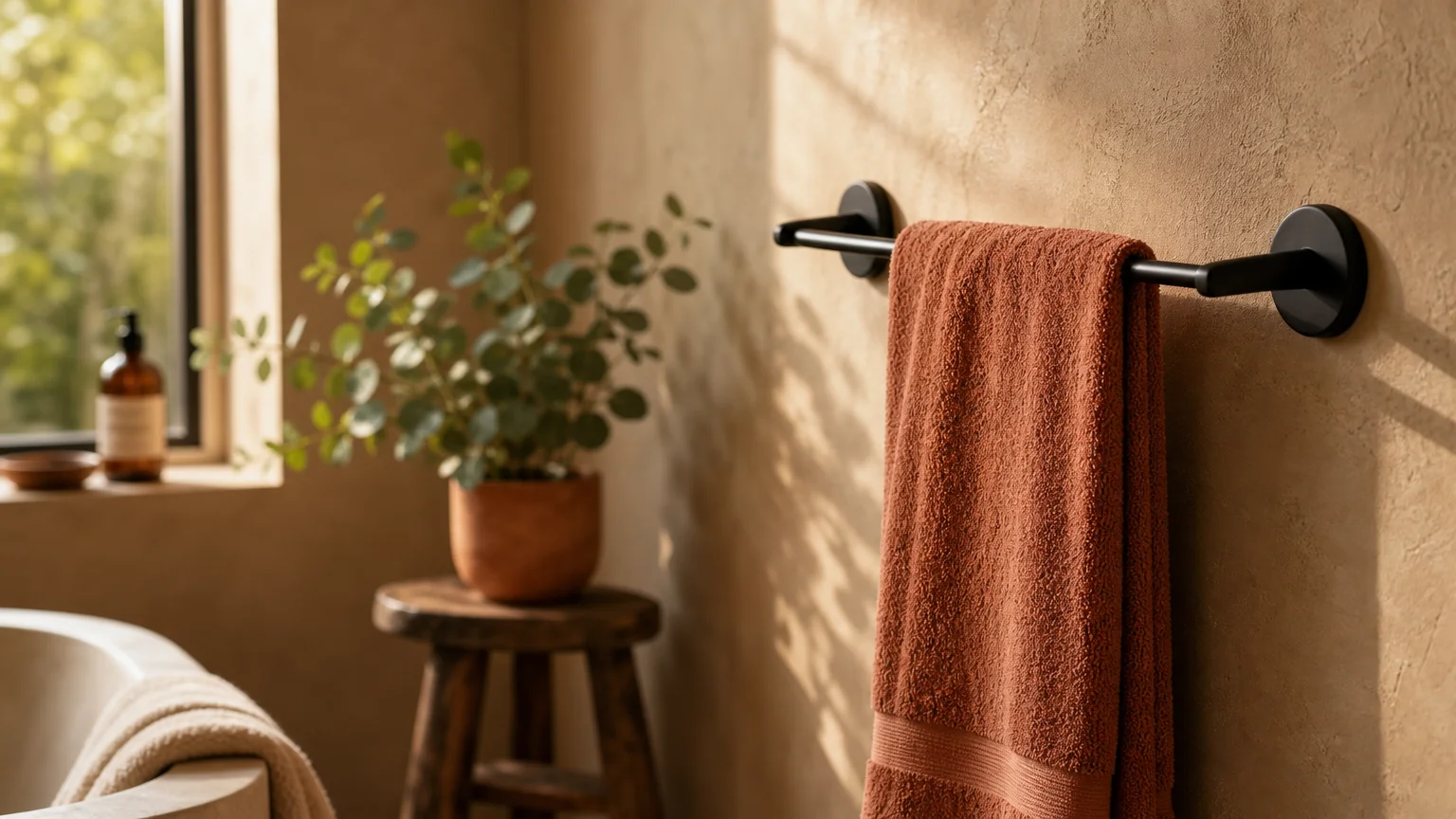 A matte black towel bar holding a folded terracotta cotton towel on a beige plaster wall, styled with a eucalyptus plant.