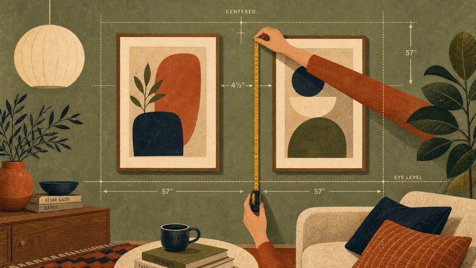 A mid-century risograph illustration showing a hand measuring the spacing between framed art prints on a sage green living room wall.