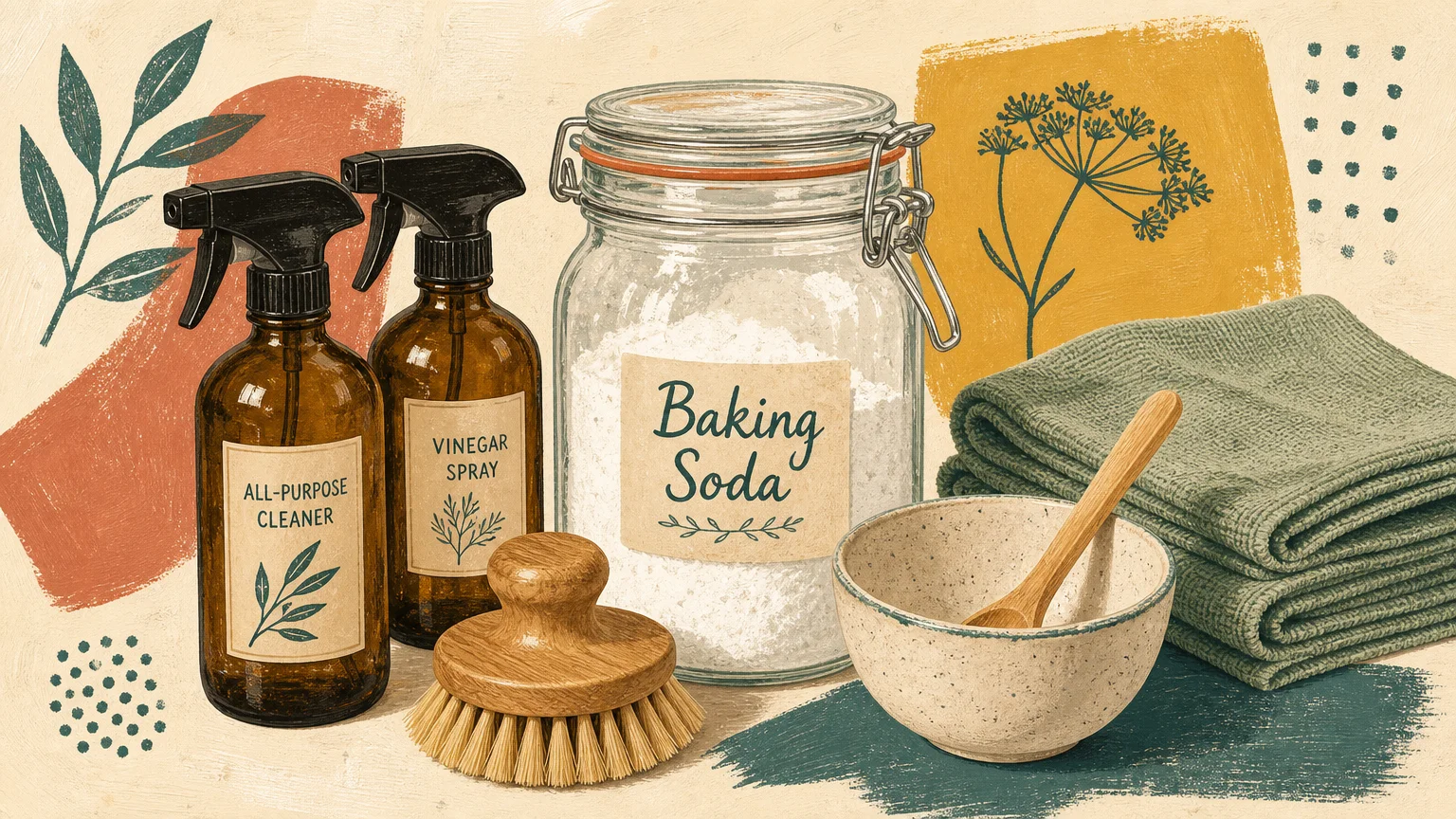 A mid-century style illustration of cleaning supplies including a glass jar of baking soda, amber spray bottles, and a wooden scrub brush.