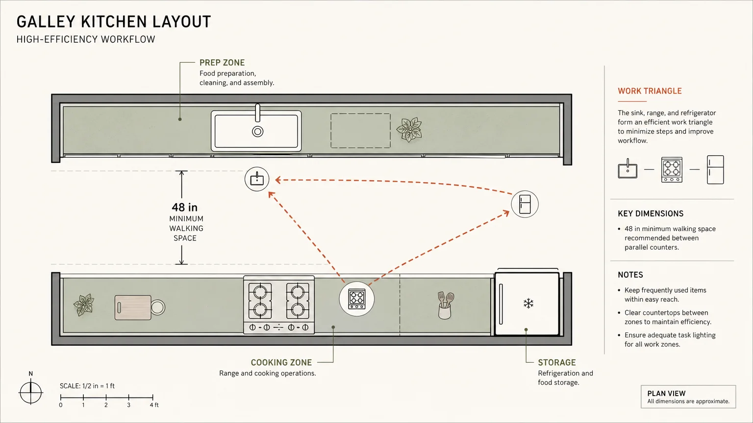 A minimalist architectural diagram showing a high-efficiency galley kitchen layout with 48 inches of walking space and a work triangle.