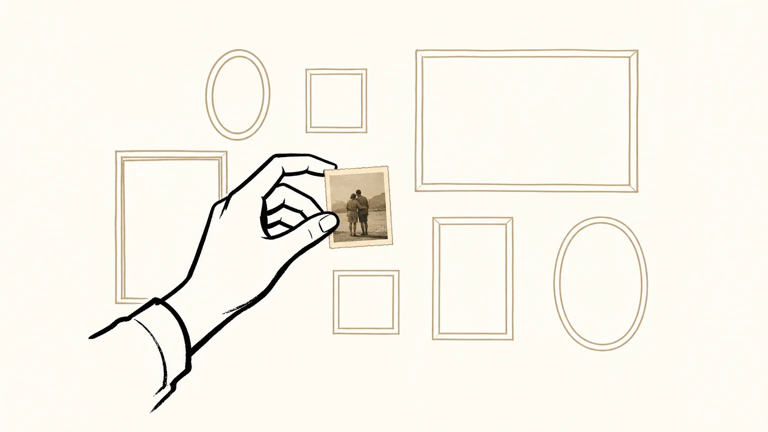 A minimalist illustration of a hand placing a single photo into a cluster of empty frames on a neutral wall.