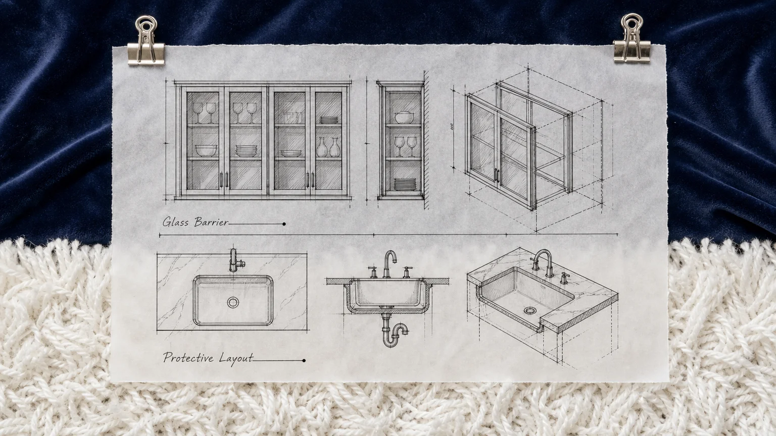 A mixed media piece showing fabric samples under a translucent drawing of practical, protective glass-front cabinets.
