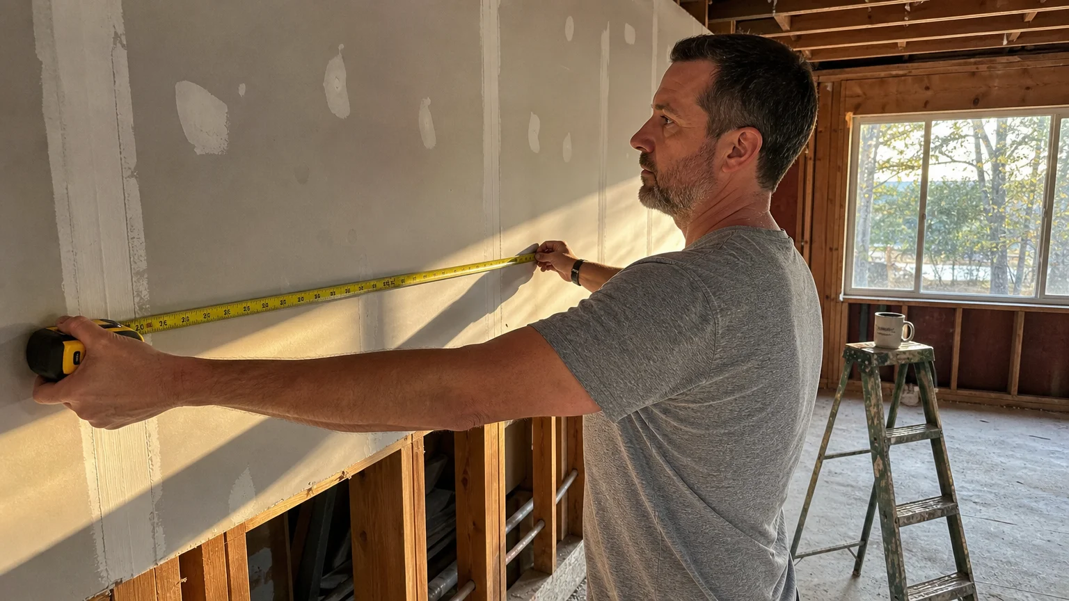 A person in a casual grey t-shirt holding a metal measuring tape flat and taut against an unfinished wall during a home renovation.