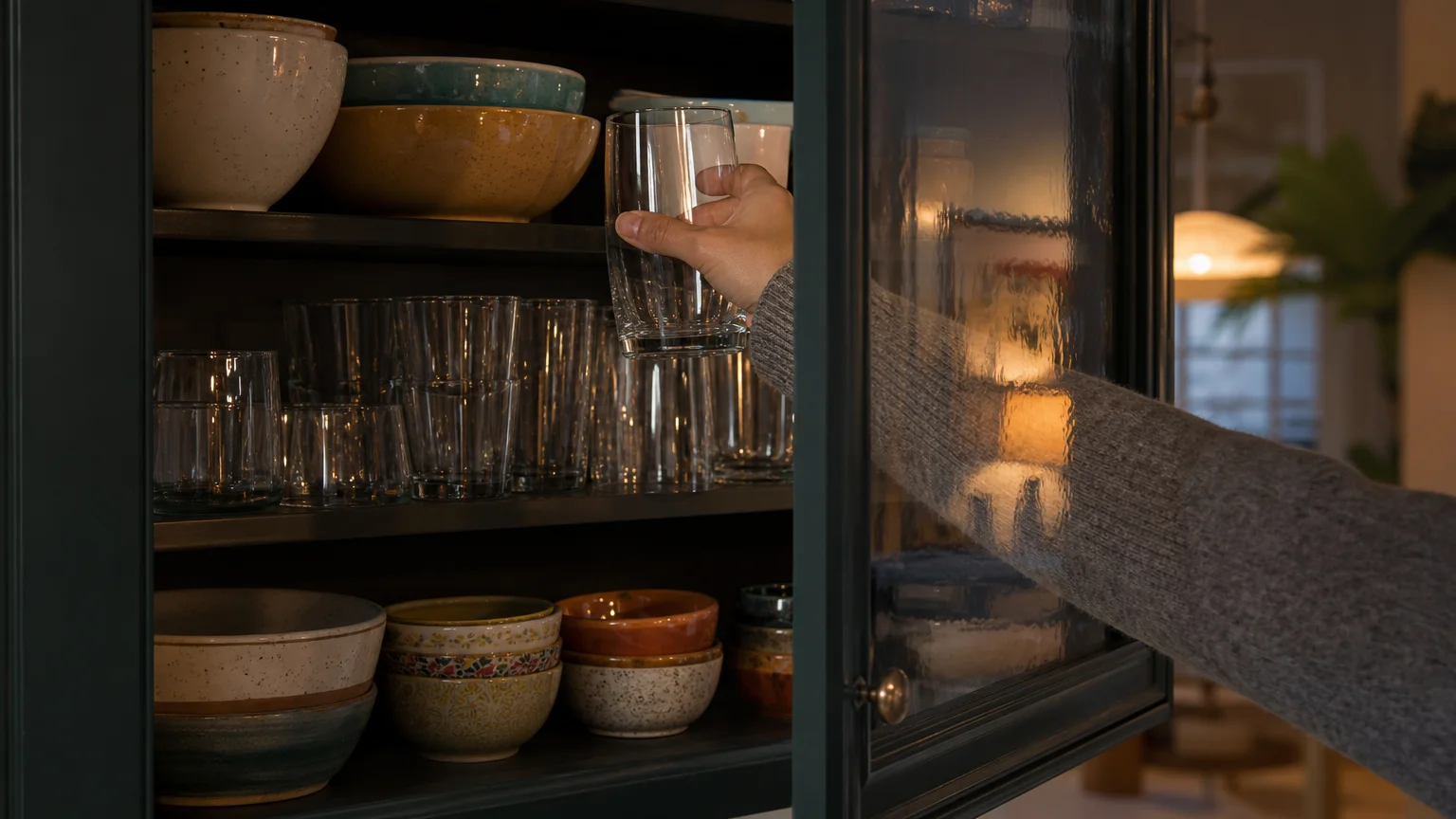 A person putting away a clean glass into a glass-front cabinet, showing an organized and dust-free storage solution.