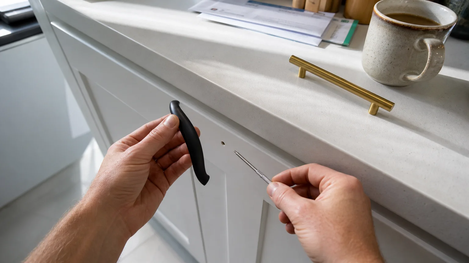 A person's hands using a screwdriver to replace sharp, impractical brass cabinet handles with comfortable matte black ones.