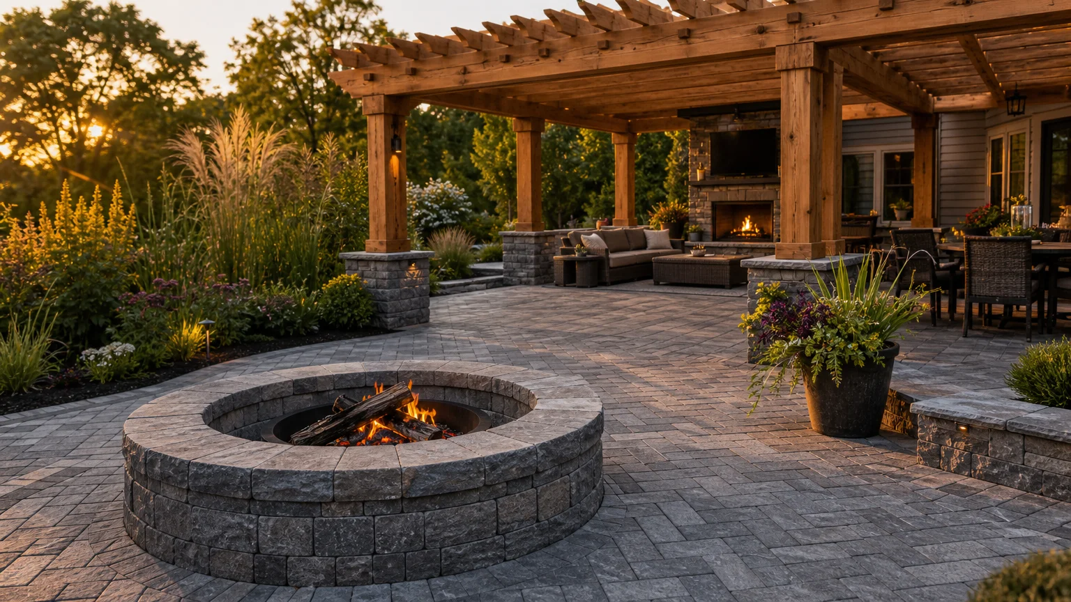 A professionally landscaped backyard featuring a stone fire pit, a paver patio, and a wooden pergola during a warm sunset.