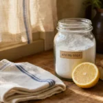 A rustic wooden counter with a glass jar of baking soda, a cut lemon, and a wooden scrub brush in soft morning light.