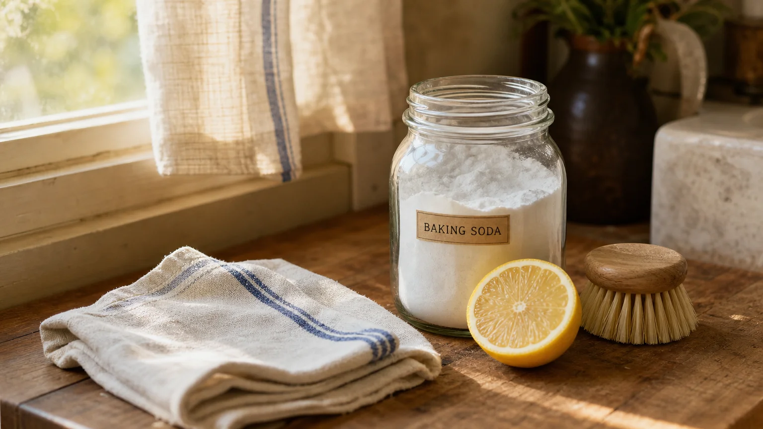 A rustic wooden counter with a glass jar of baking soda, a cut lemon, and a wooden scrub brush in soft morning light.