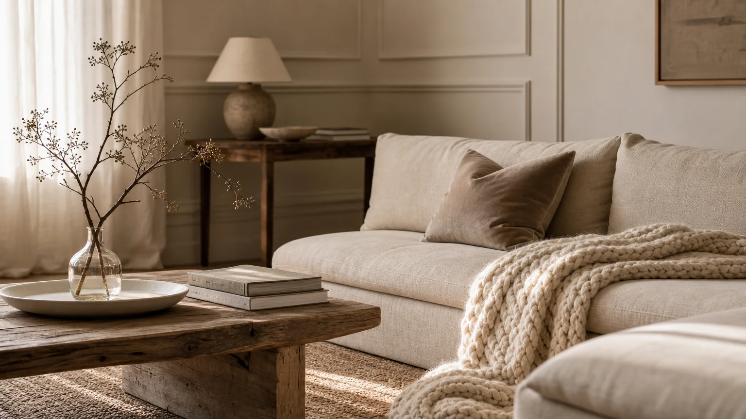 A sophisticated neutral living room featuring a cream linen sofa, wool throw, and oak coffee table under soft morning light.