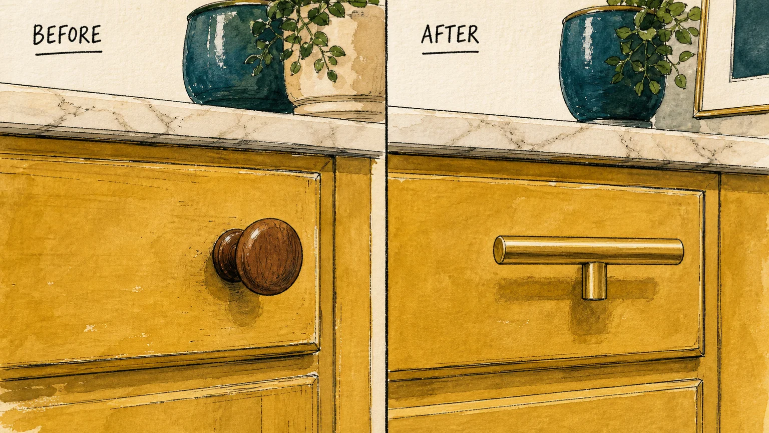 A split illustration comparing a dated round wooden cabinet knob with a modern, sleek brass geometric drawer pull.
