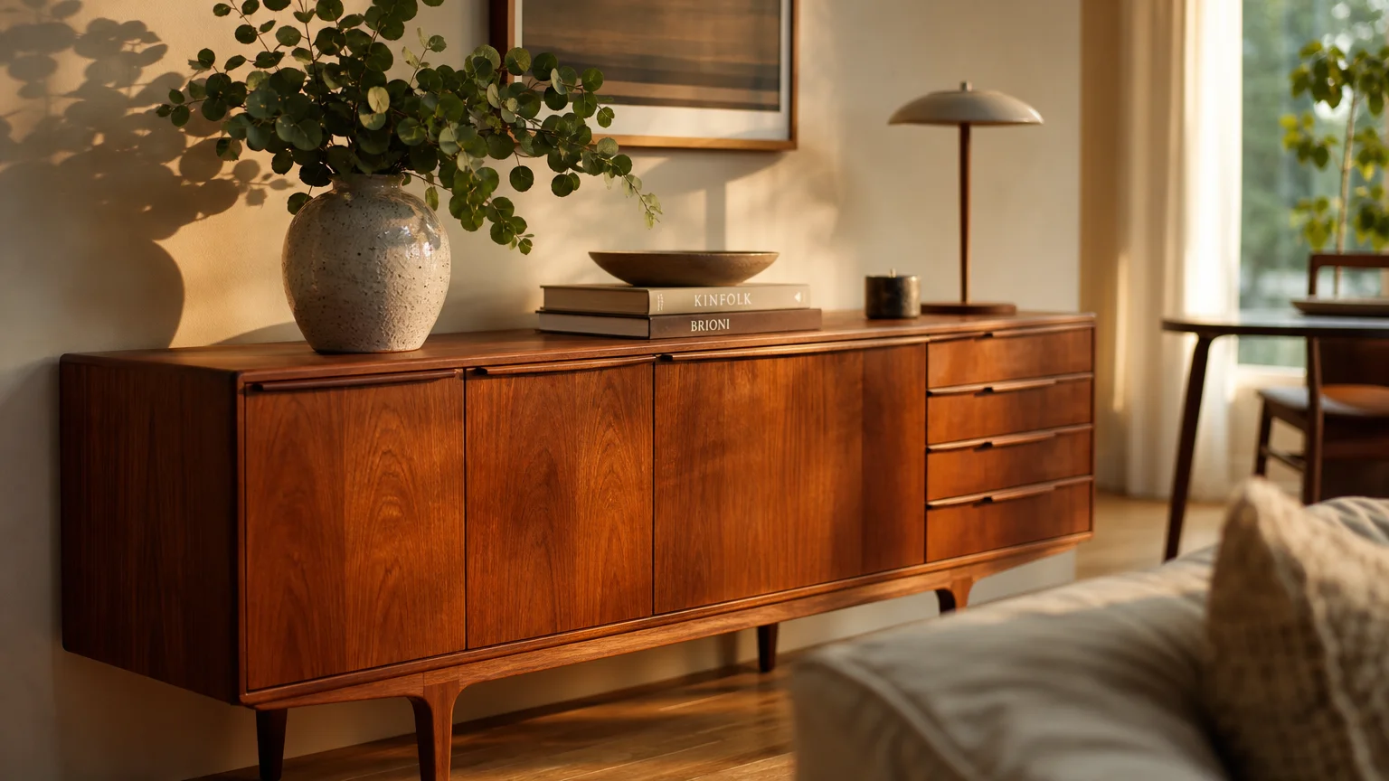 A styled mid-century modern wooden sideboard decorated with a ceramic vase of eucalyptus and books in warm sunlight.