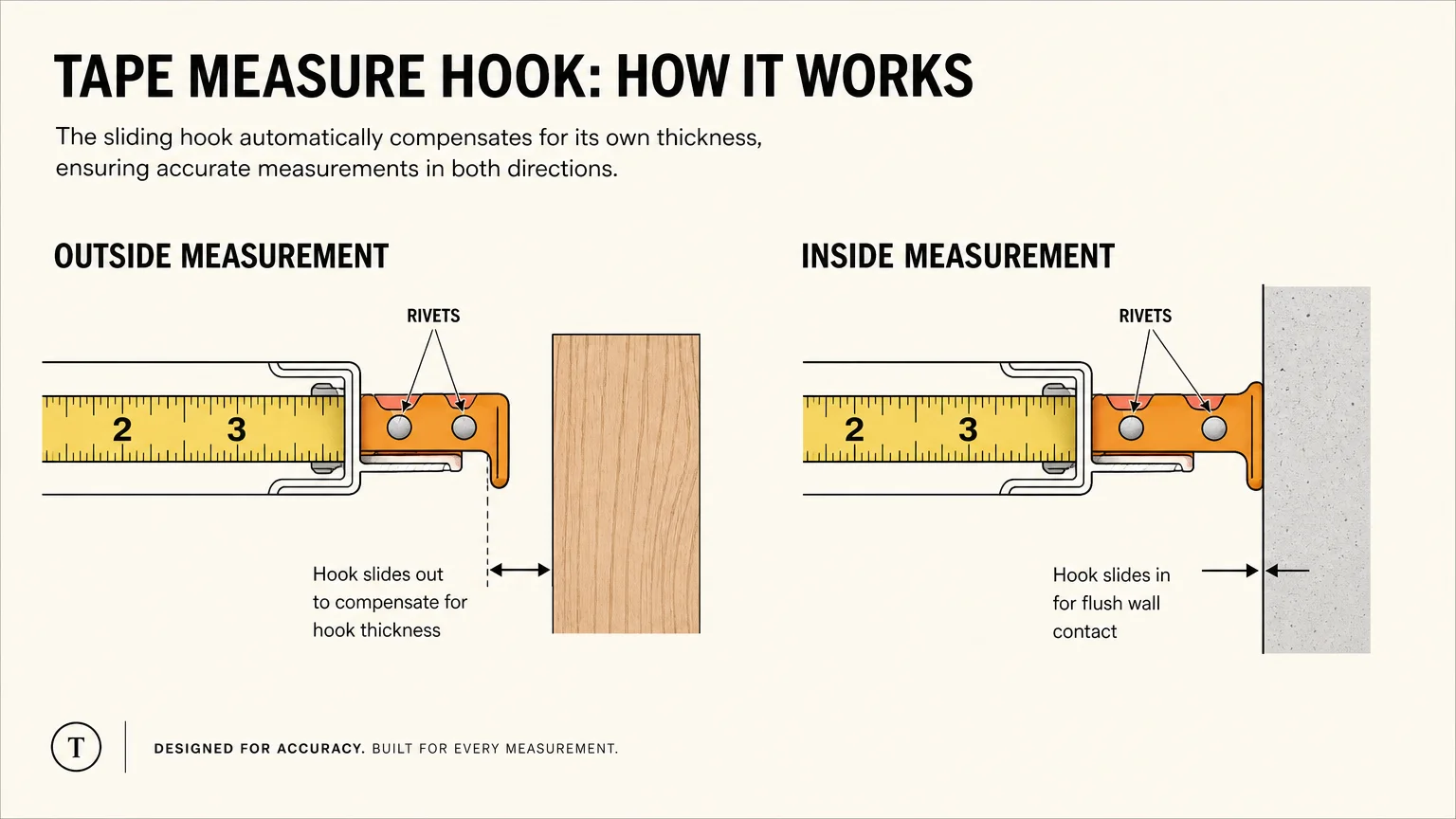 A technical diagram explaining how a tape measure's metal hook slides to ensure accuracy for both inside and outside measurements.