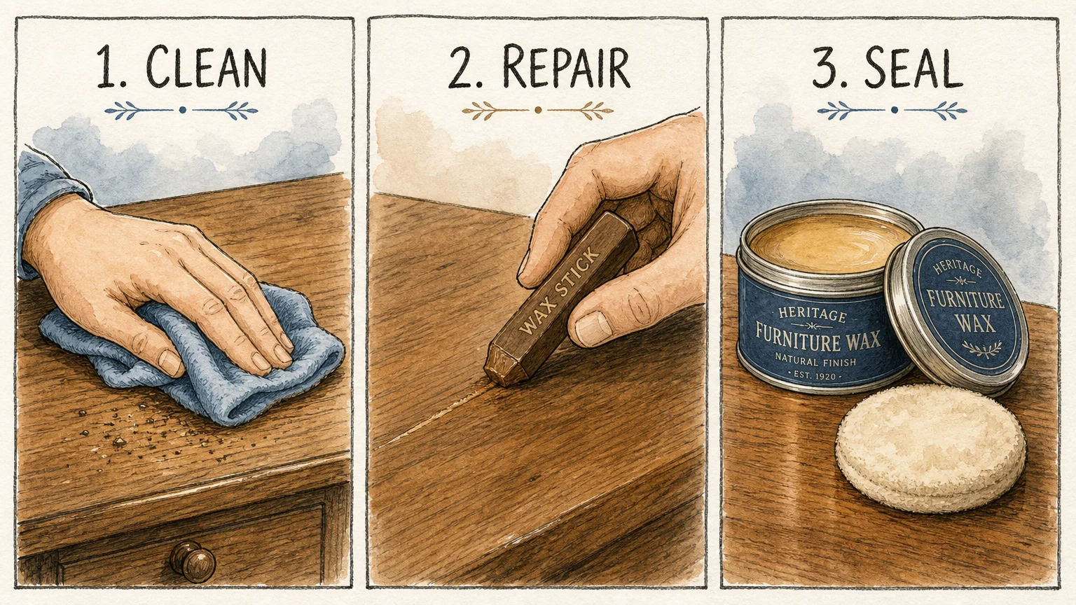 A three-panel watercolor diagram illustrating the three steps of wood restoration: Clean, Repair, and Seal.