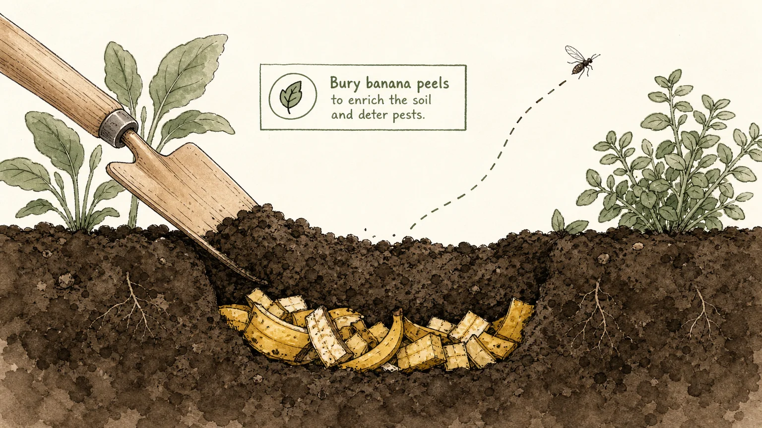 A watercolor and ink diagram showing chopped banana peels being buried in soil with a trowel to prevent pests.