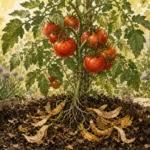 A watercolor and ink illustration of a thriving tomato plant with organic banana peels blending into the soil at its roots.