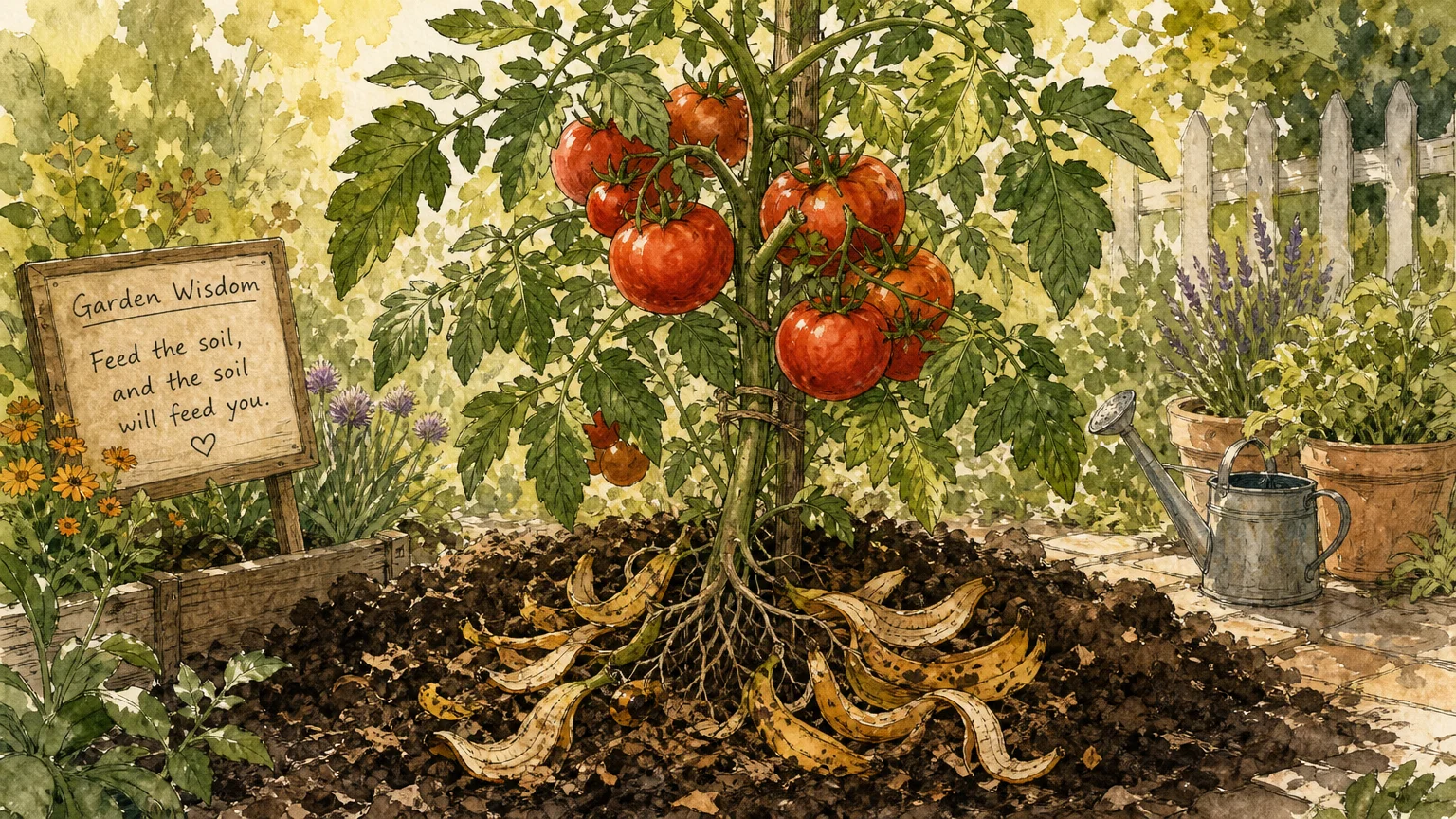 A watercolor and ink illustration of a thriving tomato plant with organic banana peels blending into the soil at its roots.