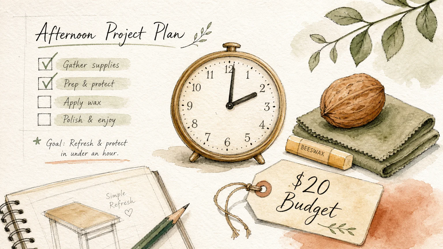 A watercolor flat-lay illustration showing a clock, simple DIY tools, and a $20 budget tag on a clean background.