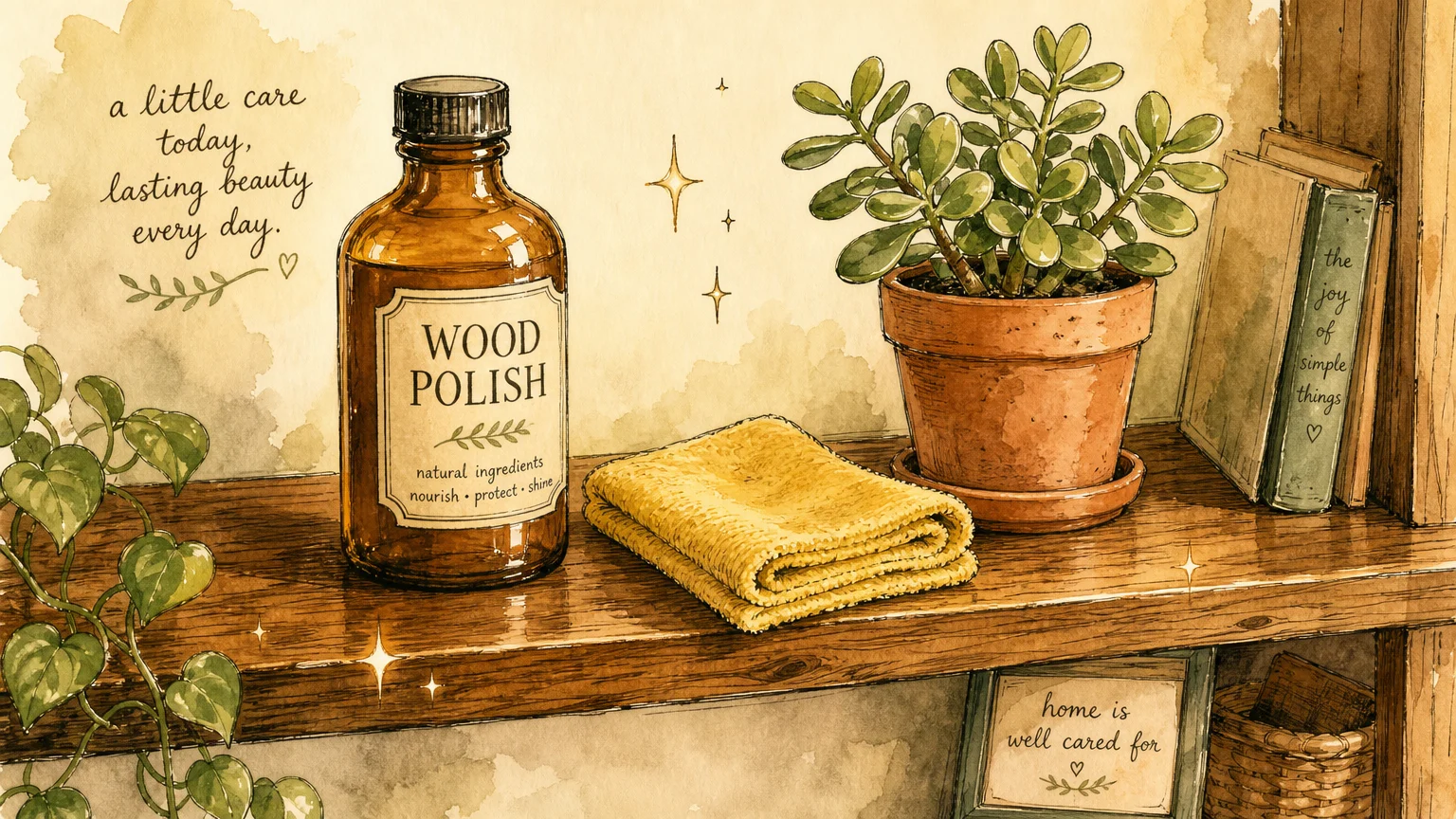 A watercolor illustration of a bottle of wood polish, a microfiber cloth, and a potted plant sitting on a clean wooden shelf.