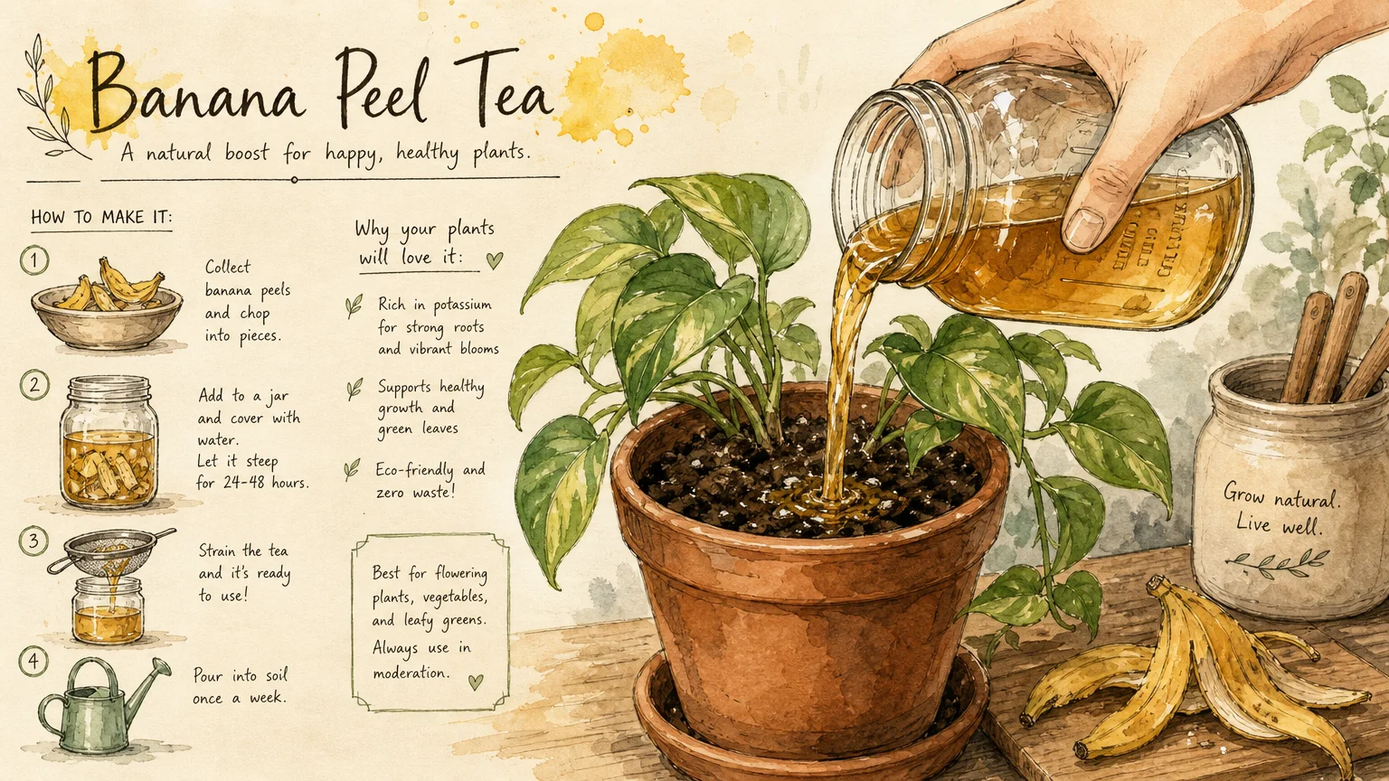 A watercolor illustration of a hand pouring liquid banana peel tea from a glass jar onto a potted plant.