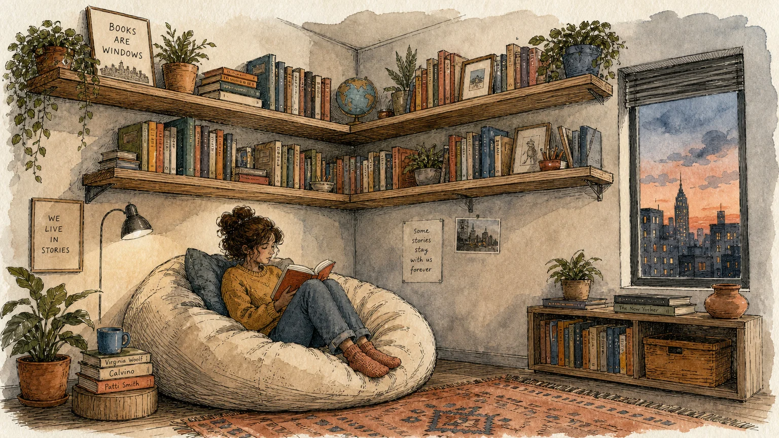 A watercolor illustration of a person reading in a bean bag chair under L-shaped floating corner bookshelves.