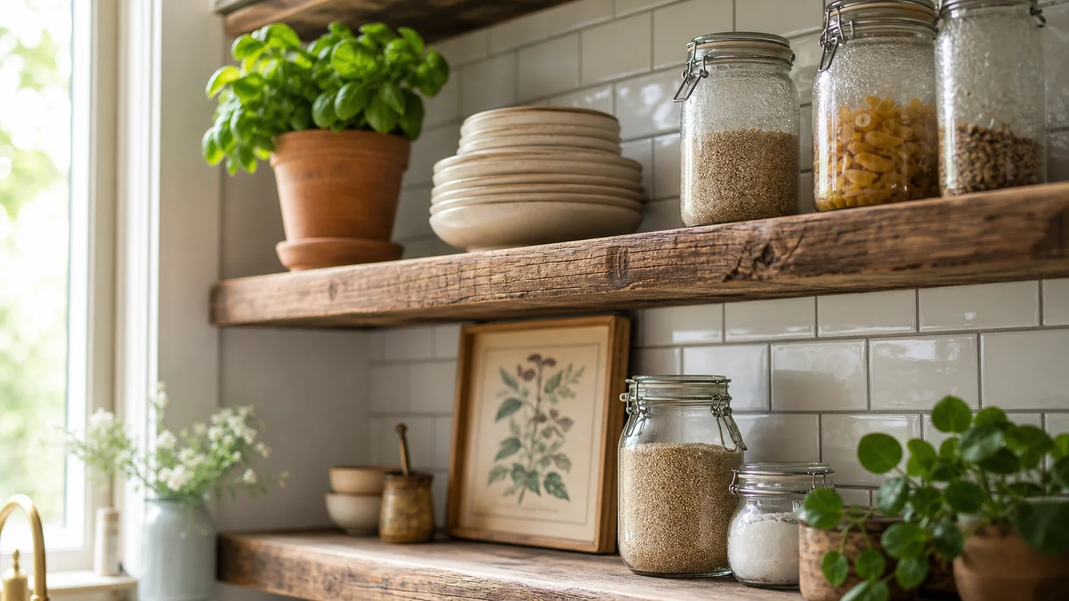 An editorial close-up photo of wooden open shelving styled with green potted herbs, glass jars, ceramic plates, and white subway tiles.