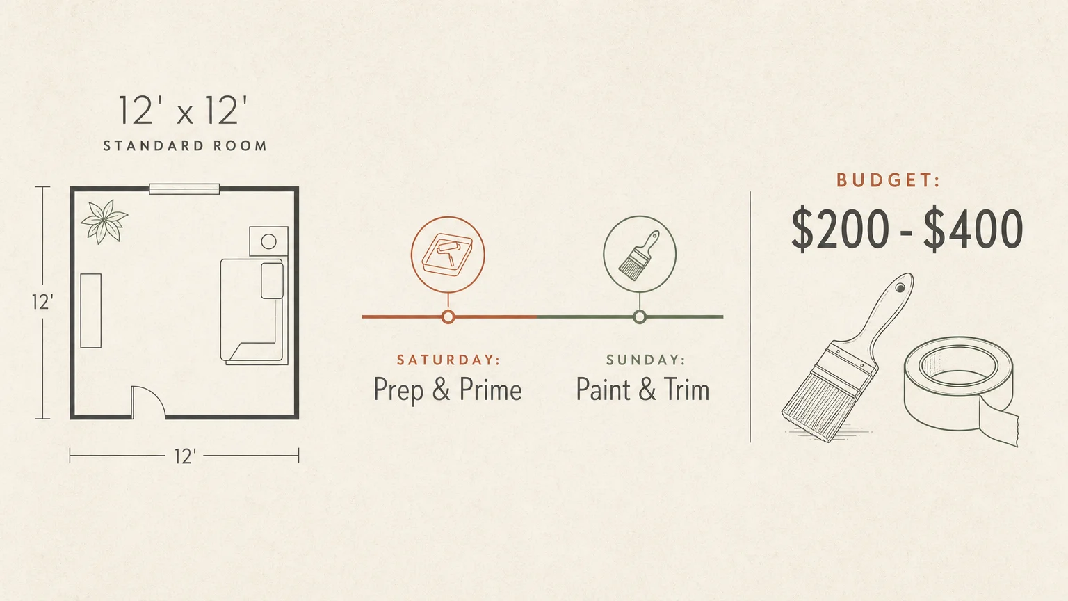 An editorial diagram showing painting project parameters: a 12 by 12 foot room, a Saturday prep and Sunday paint timeline, and a 200 to 400 