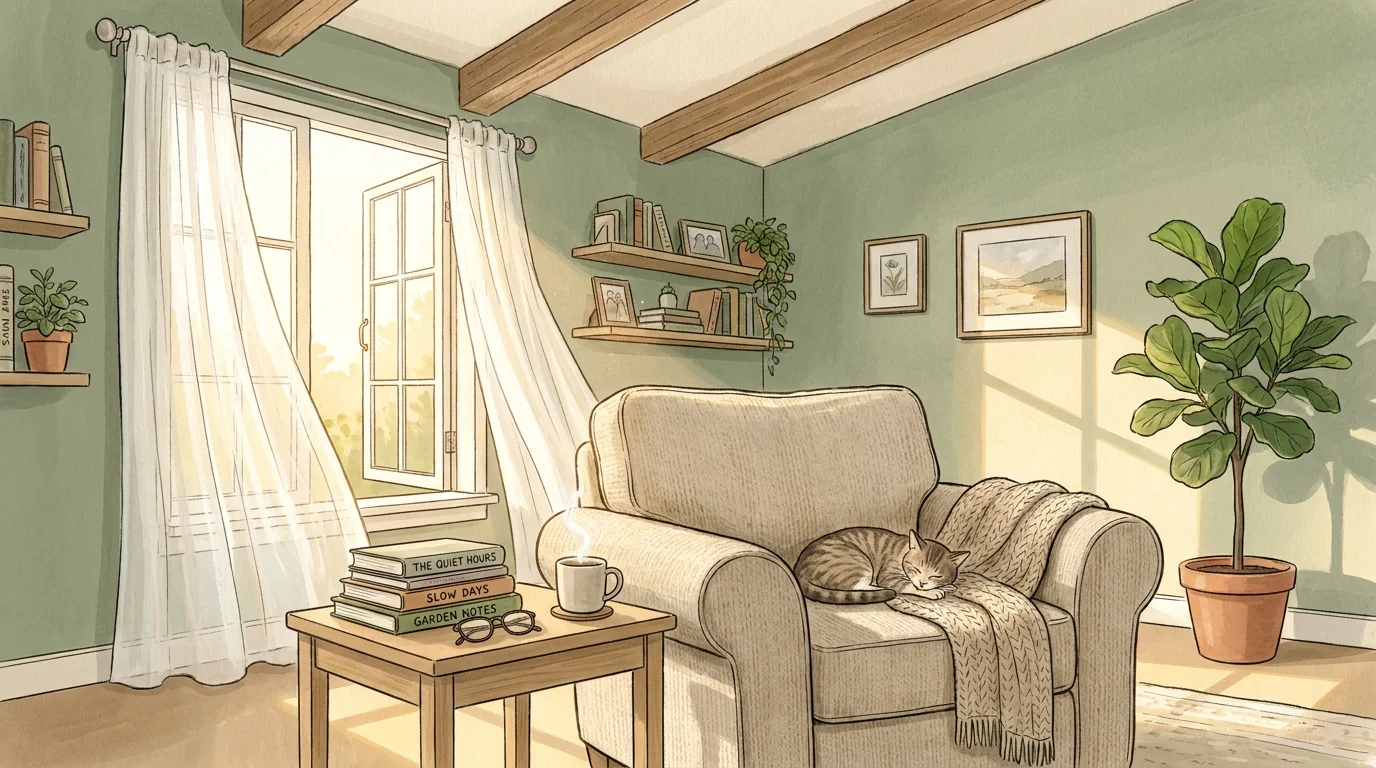An editorial gouache illustration of a peaceful living room with soft sage green walls, a cozy armchair, and sunlight streaming through a wi