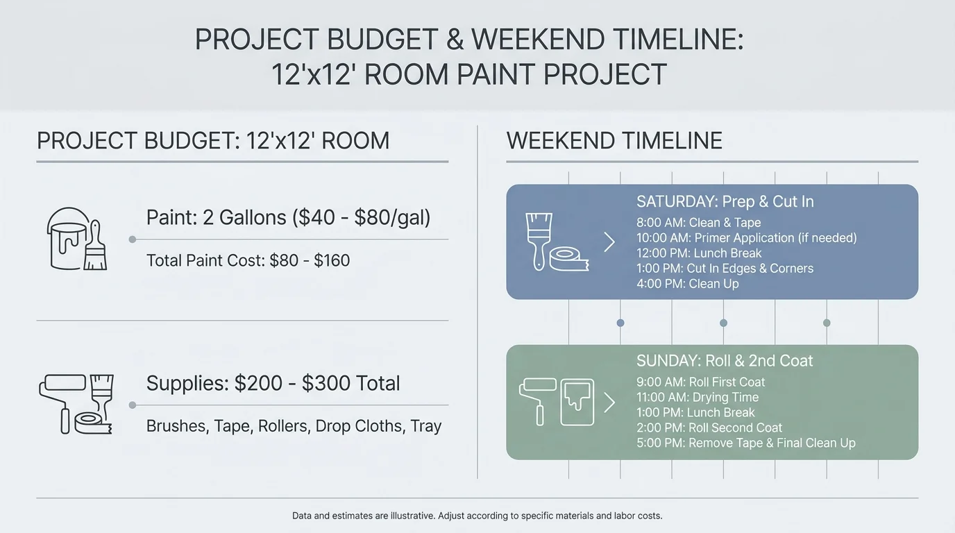 An editorial infographic showing a weekend painting timeline and budget breakdown for a twelve-by-twelve-foot room.