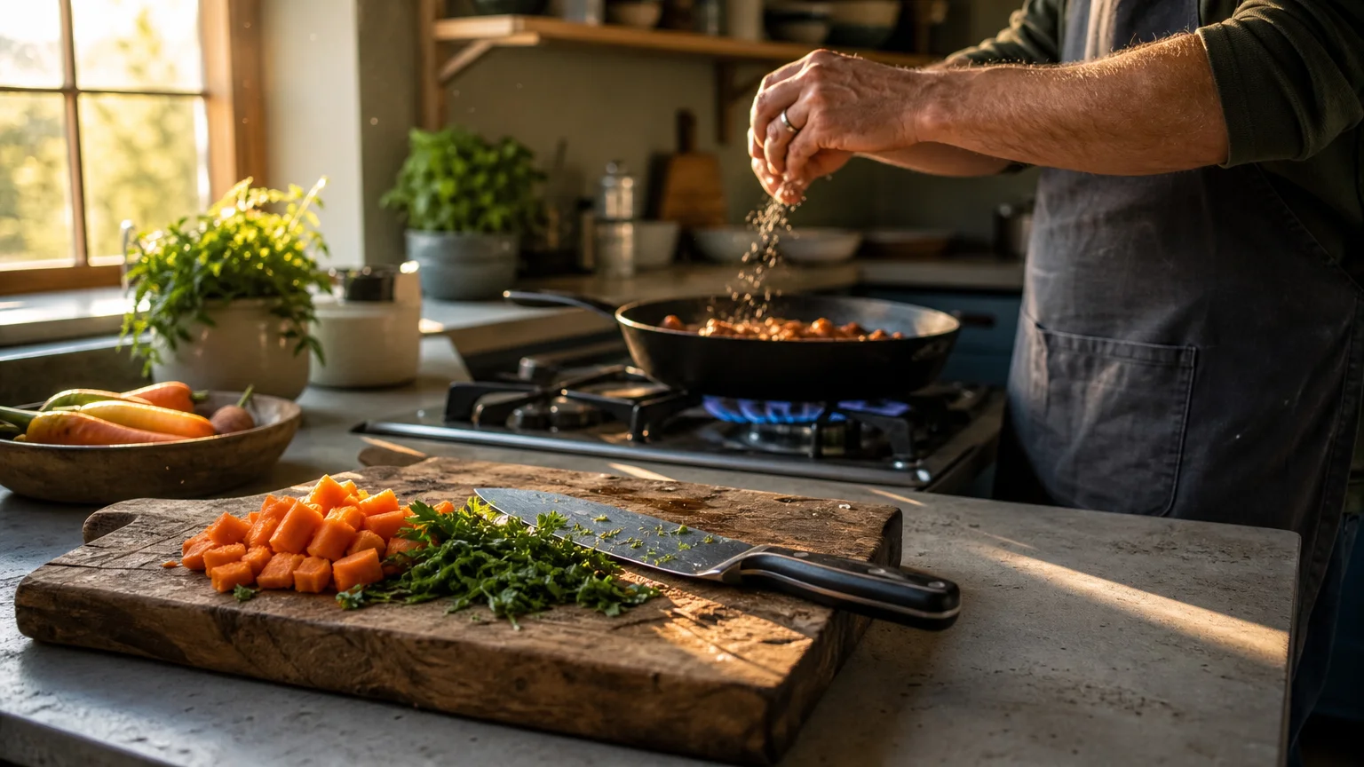 An editorial photo of a kitchen counter with fresh chopped vegetables on a wood cutting board, a warm stove flame, and golden sunlight.