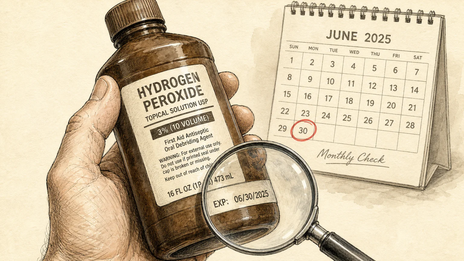 An illustration of a hand checking the expiration date on a peroxide bottle with a magnifying glass.