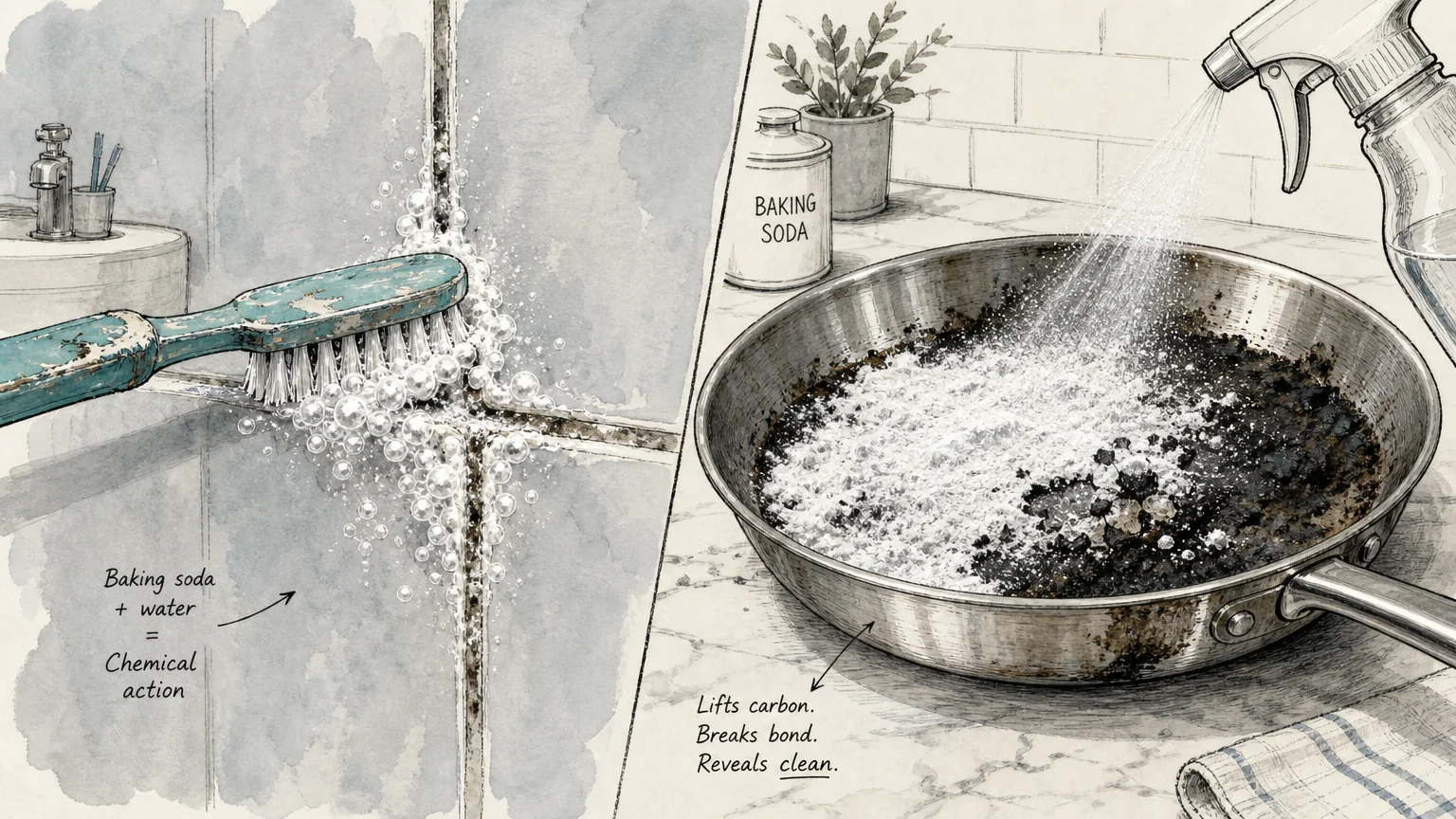 An illustration of a toothbrush scrubbing bubbling paste into grout and a pan being treated with powder and spray.