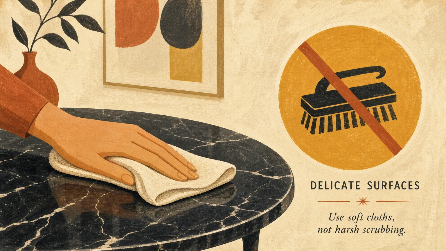 An illustration showing a hand gently cleaning a marble surface next to a warning icon against using harsh scrub brushes.