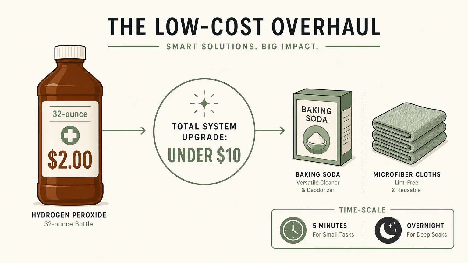An infographic showing the low cost of cleaning supplies, featuring a 32-ounce bottle for 2 dollars and a total upgrade for under 10 dollars
