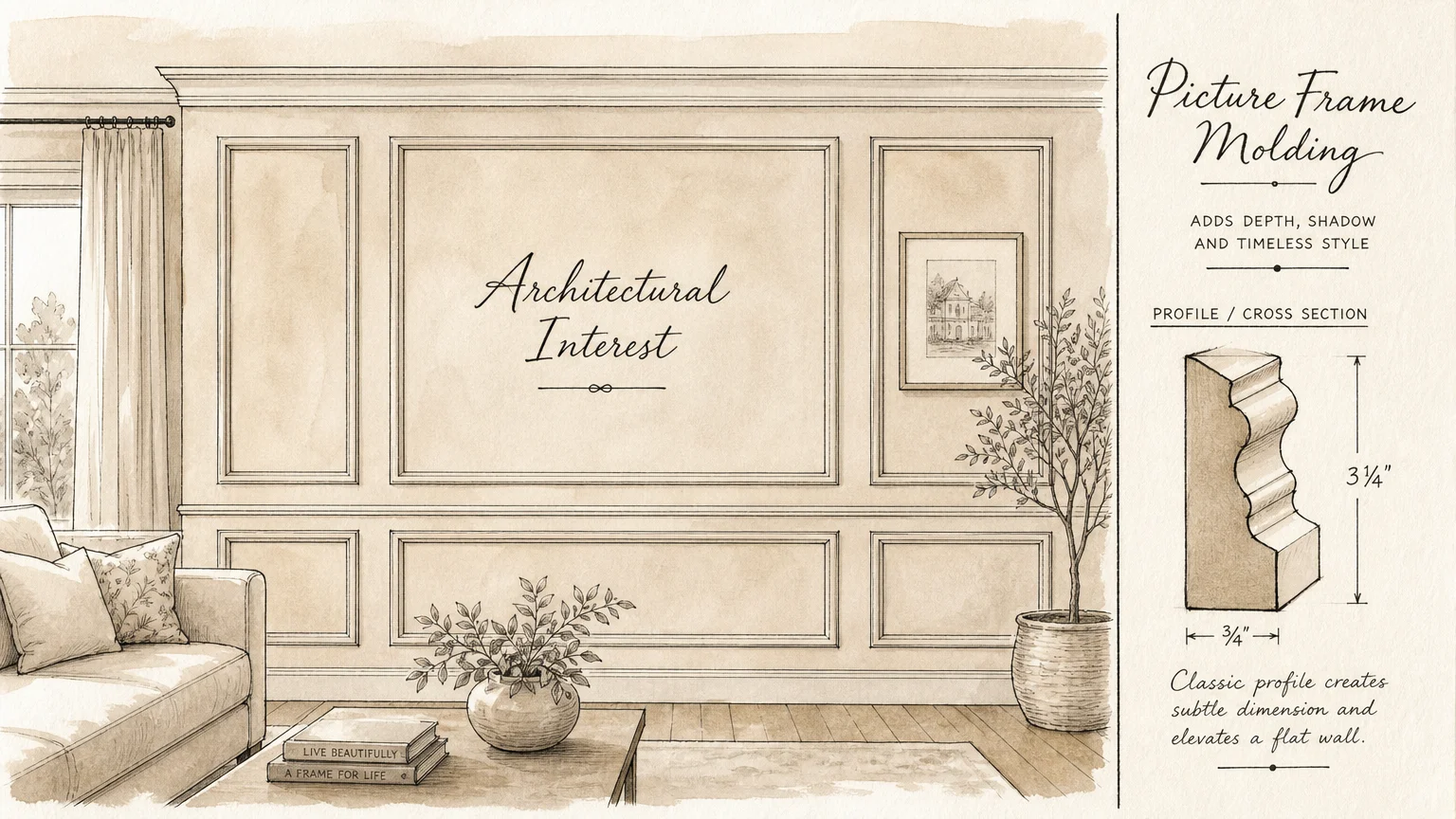 An ink and watercolor drawing showing the layout of picture frame molding on a living room wall.