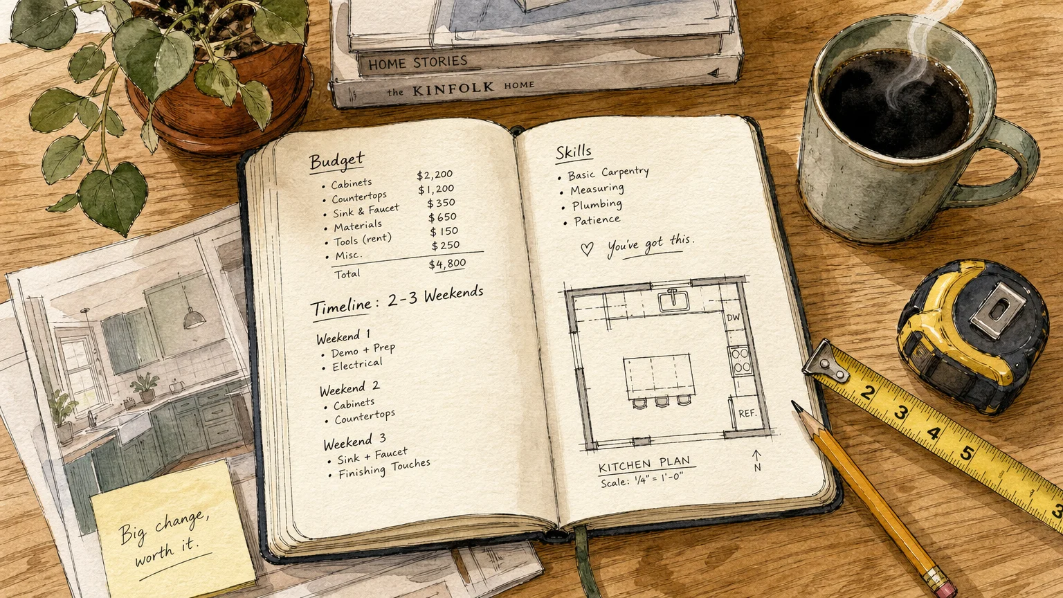 An ink and watercolor illustration of a planning notebook, tape measure, and coffee mug on a wooden table, mapping out a kitchen DIY project