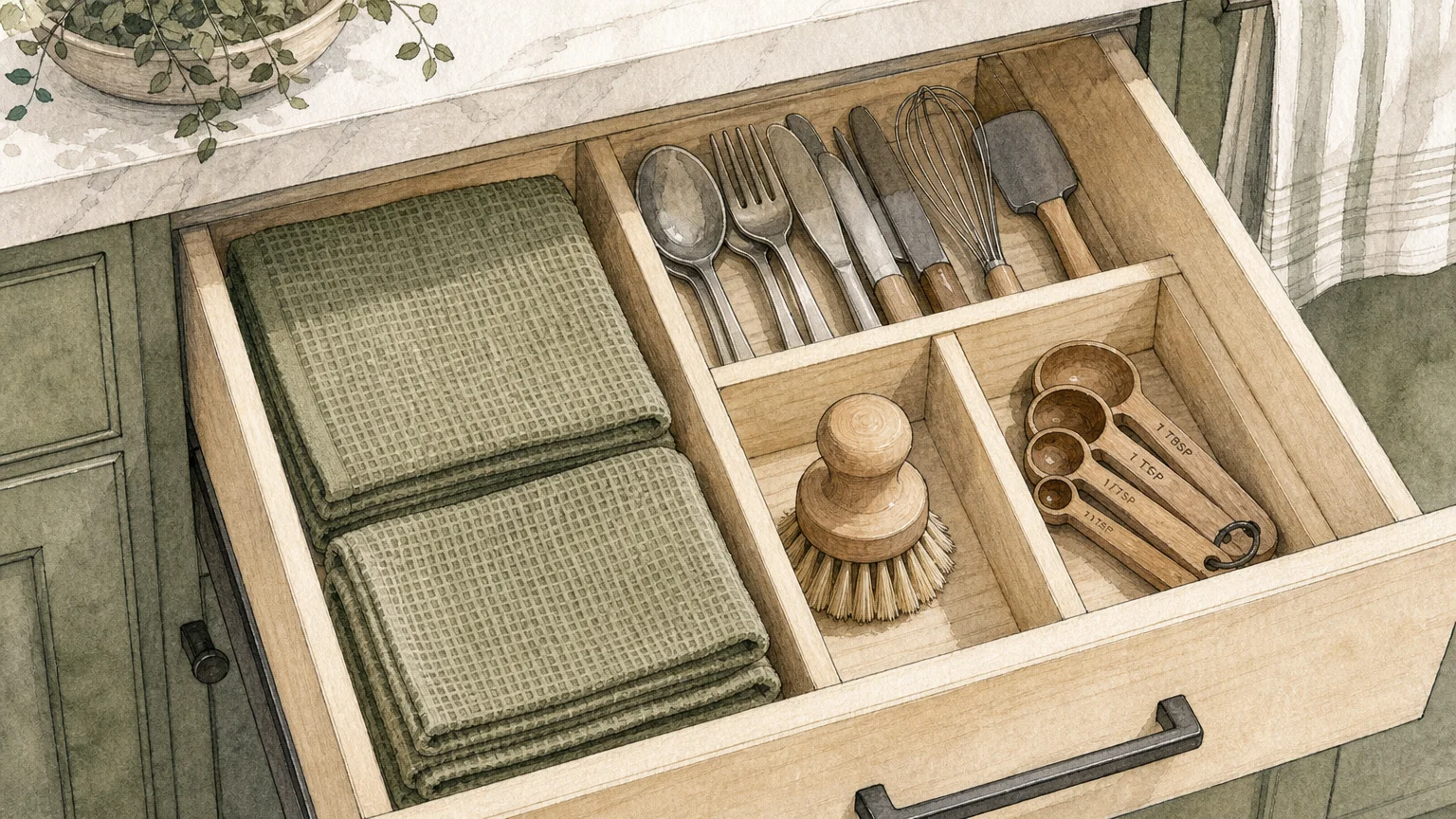 An ink and watercolor illustration of an open kitchen drawer organized with dividers, linen towels, a scrub brush, and measuring spoons.