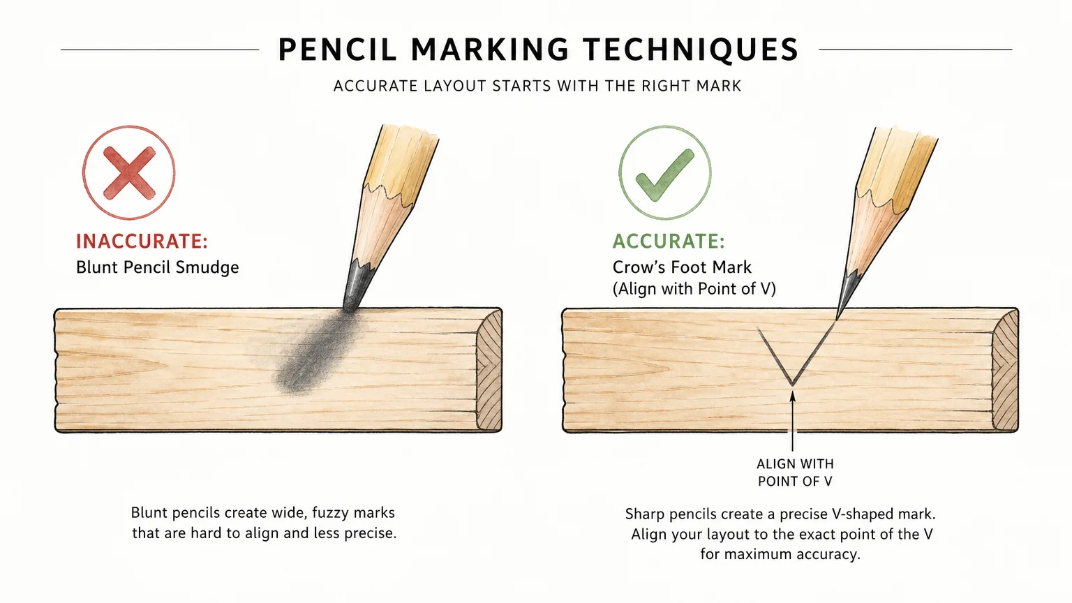 An instructional diagram comparing an inaccurate thick pencil smudge to an accurate V-shaped crow's foot mark on a wooden board.