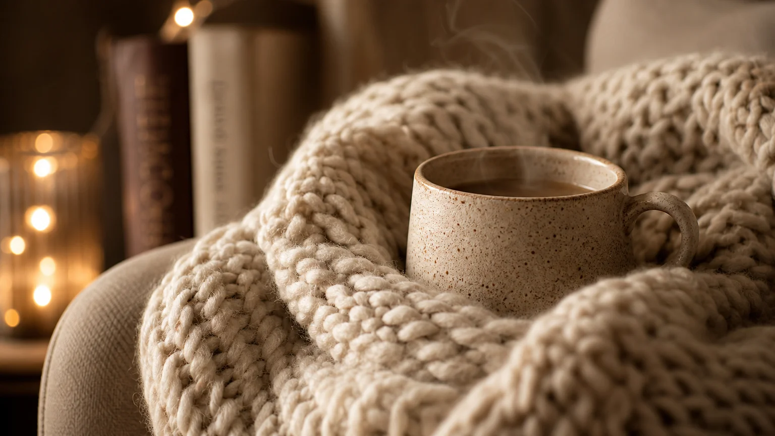 Close-up of a chunky knit blanket, a ceramic mug, and books, emphasizing cozy textures and warm lighting.