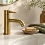 Close-up of a modern brushed brass faucet on a white quartz vanity with a sage green towel, styled with warm morning light.